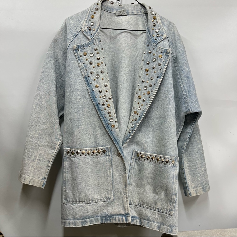 80's Vintage M BLUE Jean Jacket acid washed out studded